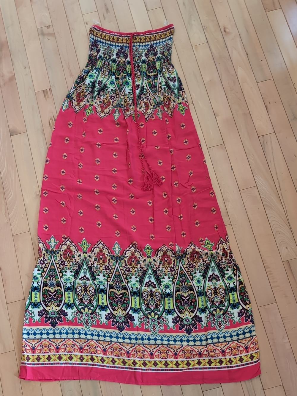 NWOT Boho Bright Red Strapless Smocked Maxi Dress / Skirt with Paisley Print